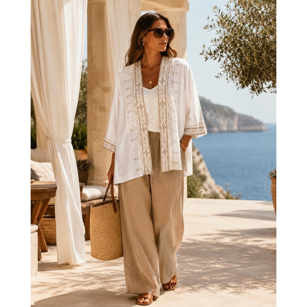Chico's White Embroidered Open‎ Front Kimono Cardigan Resort S/M
